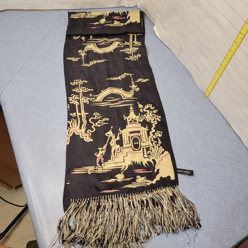 Zazou Luxe Asian Temple Silk Scarf Black Gold Luxurious Fancy
